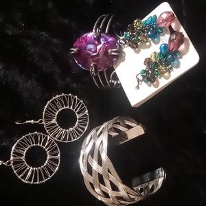 Wire woven cuff & A hand crafted abalone shell cuff signed & paired earrings.